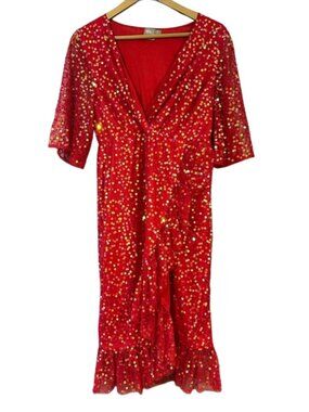 ASOS Red Sequin Midi Dress Size 6 Holiday Party Cocktail Wrap Style